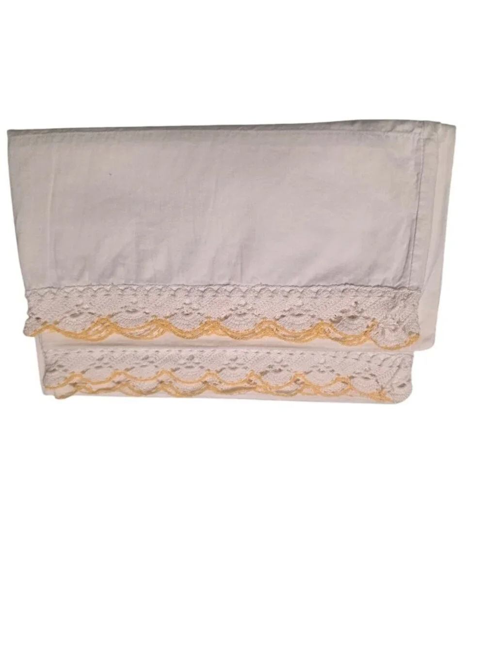 VTG Penney’s White Cotton Percale Pillowcases Handmade Crochet Yellow Lace Pair